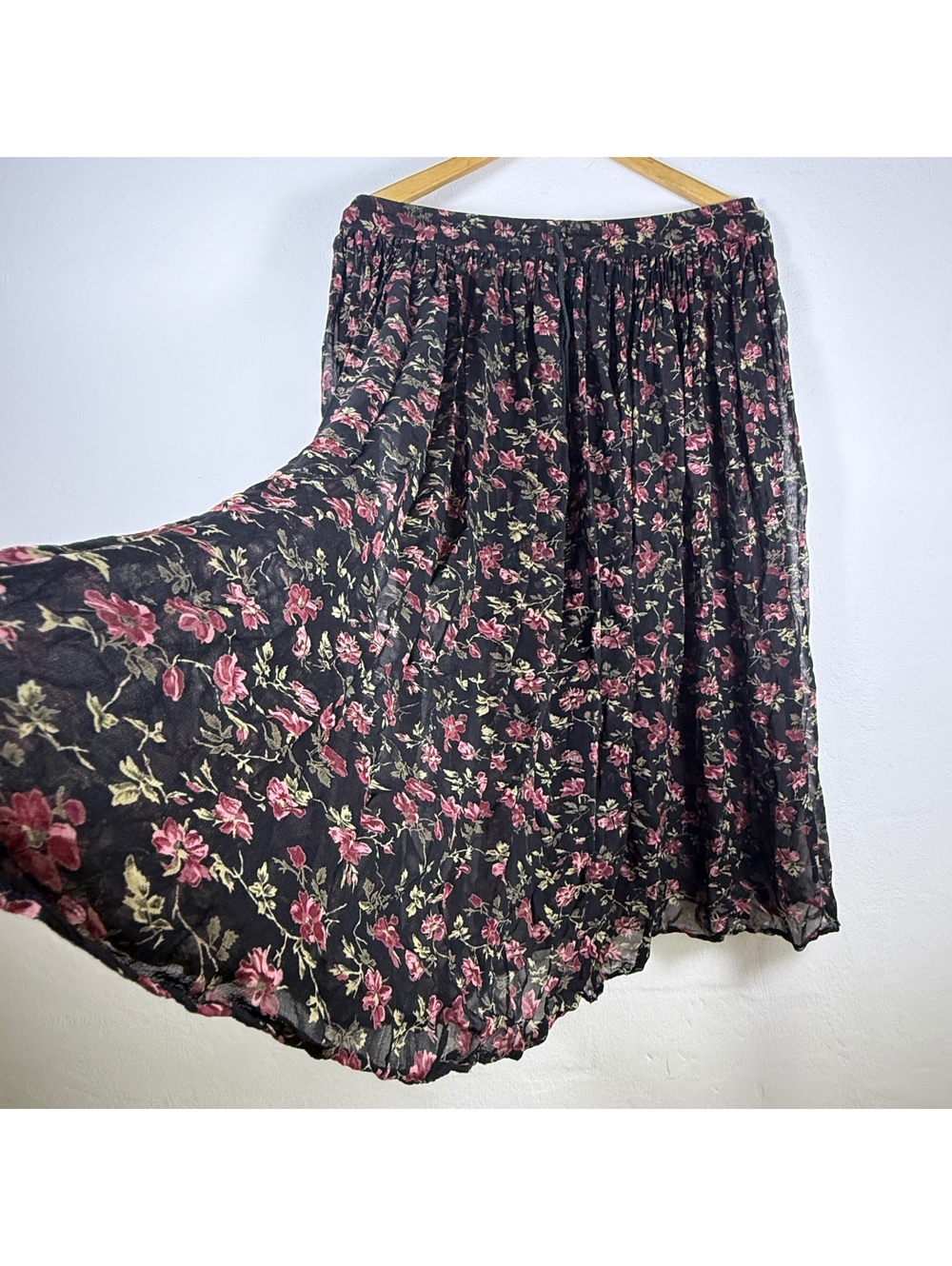 Women’s Large Black Floral Sheer Chiffon Maxi Skirt Whimsigoth Dark Romantic